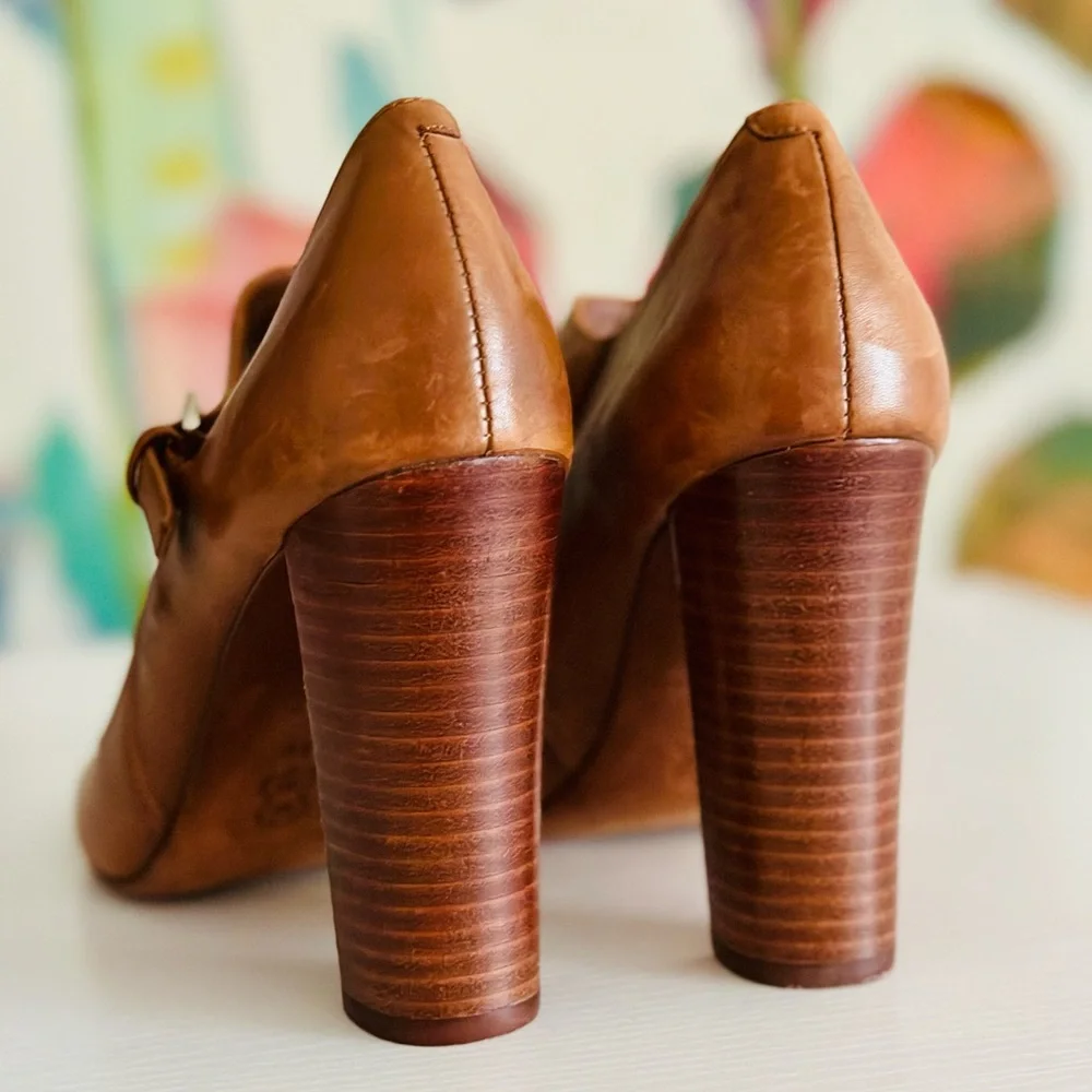 LAUREN by Ralph Lauren Brown Leather Peeptoe Mary Jane Heels - Picture 3 of 5